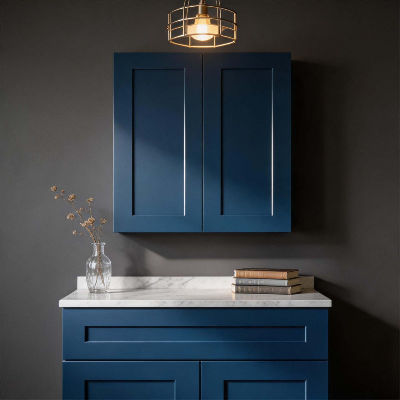 Armoire murale bleu marine de 33 pouces avec tablettes réglables pour un rangement polyvalent et un assemblage facile