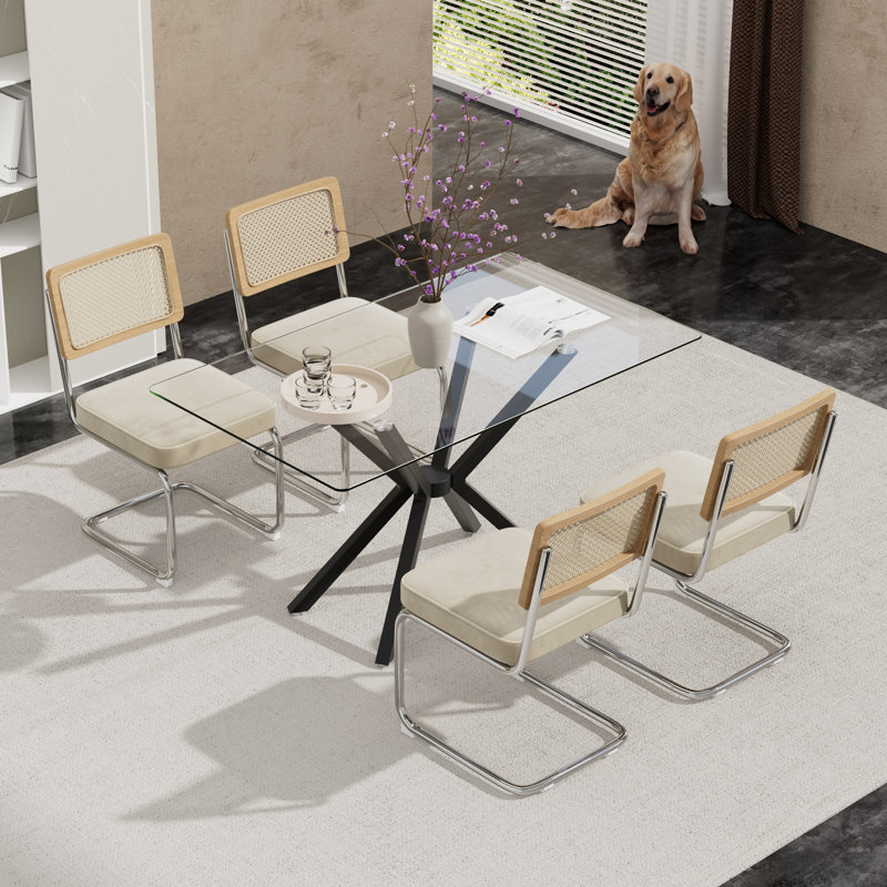 Ensemble de table de salle à manger rectangulaire en verre trempé avec chaises de salle à manger rembourrées en velours de luxe