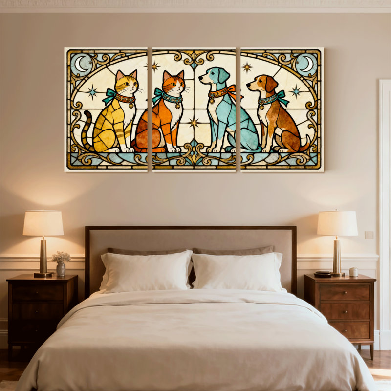 Ensemble de 3 reproductions d'art sur toile, chats et vitrail de fantaisie, H 30 po x l 60 po