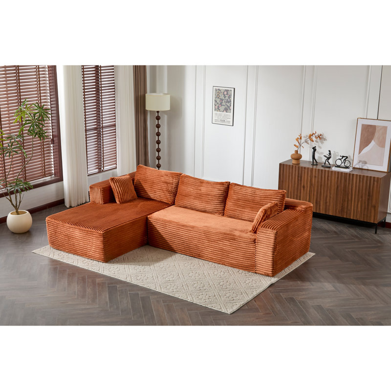 Canapé modulaire à 3 tablettes en velours côtelé brun, forme de L sans os avec méridienne confortable, siège profond, appartement modulaire pour salon, canapé-lit à configuration simple, ensemble de siège en velours côtelé