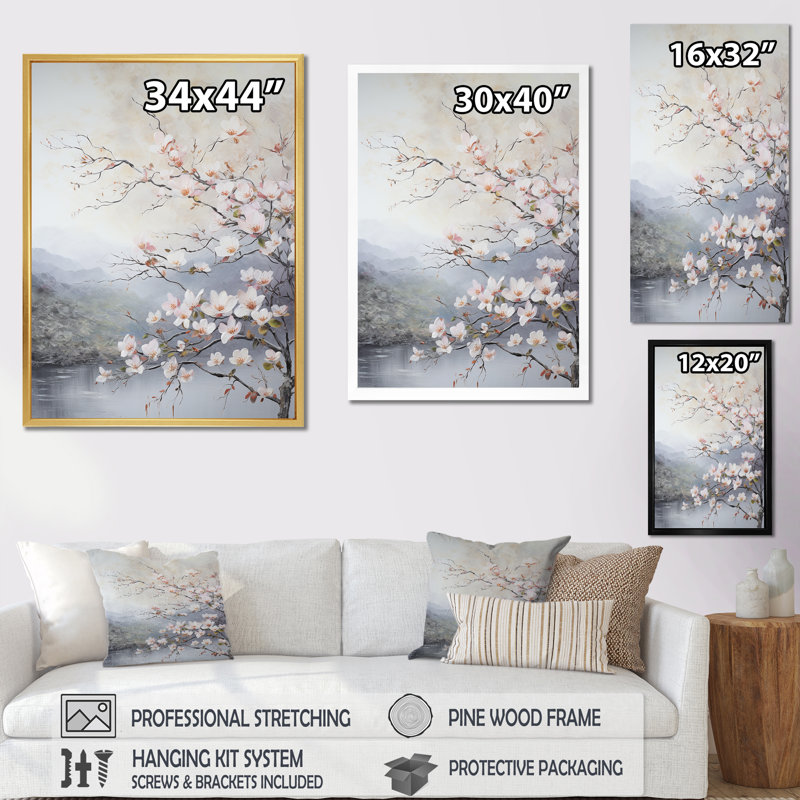 Fleurs de cornouiller du Japon III sur toile, Cadre simple argenté, H 40 po x l 30 po x P 1,5 po