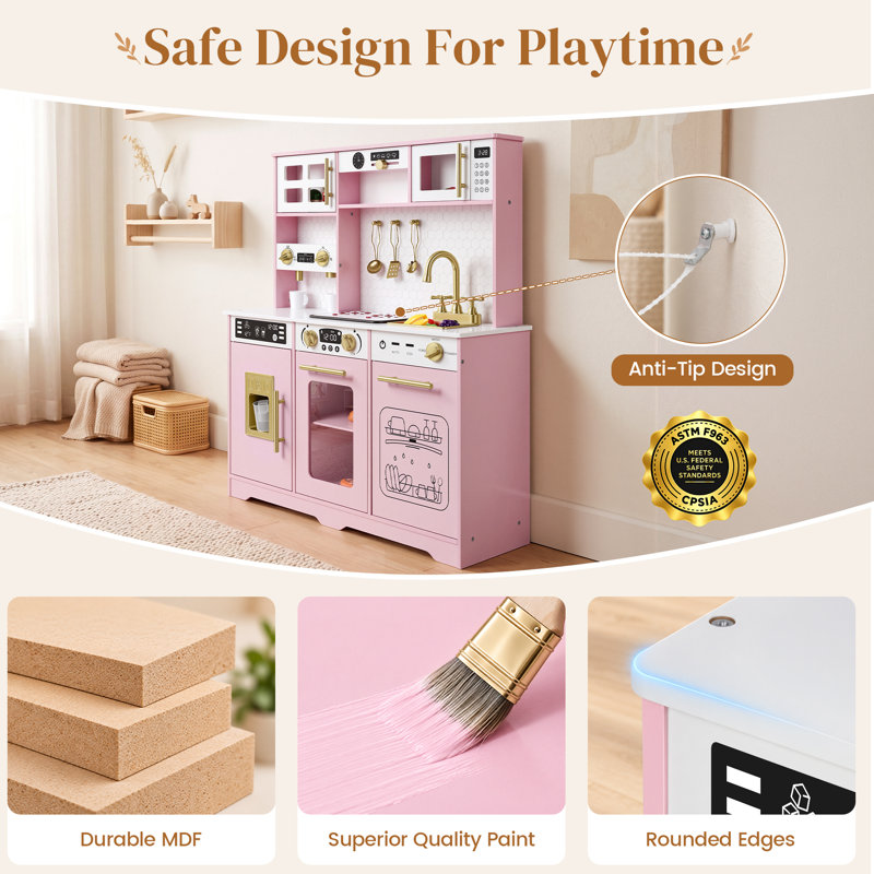 Cuisine en bois pour enfants avec lumières et sons, cuisine de jeu d'imitation avec accessoires pour les tout-petits de 3 à 8 ans