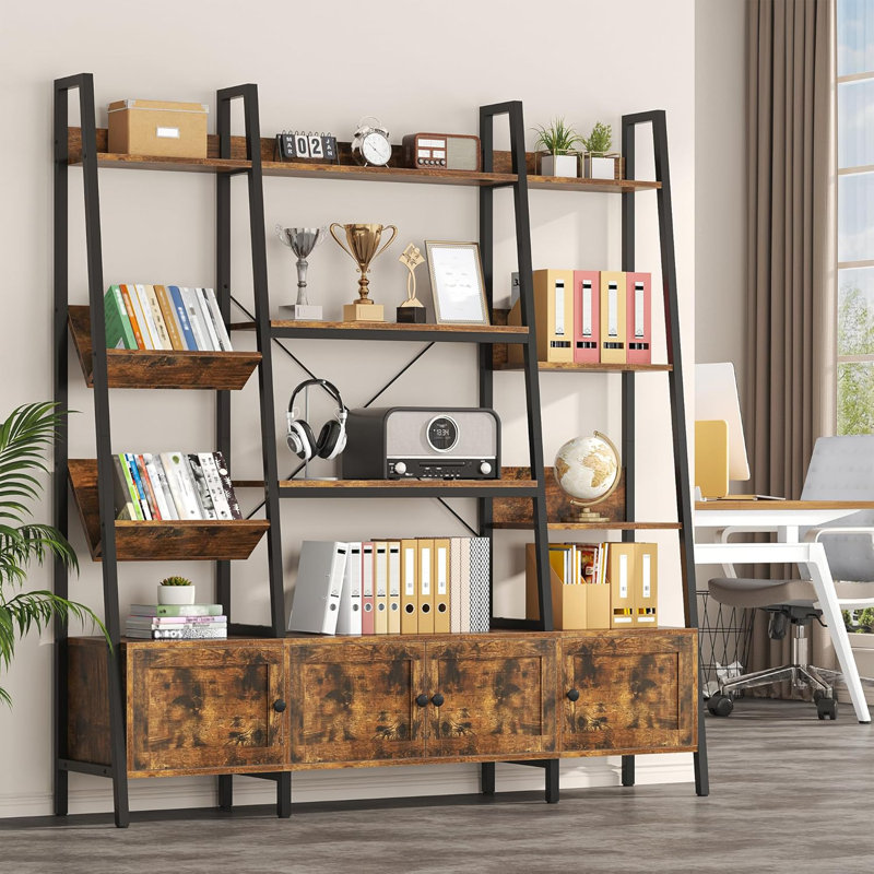 Bookcases And Bookshelves Triple Wide 4-tier Large Open Bookshelf, Ladder Bookshelves With 4 Doors For Living Room Bedroom Home Office