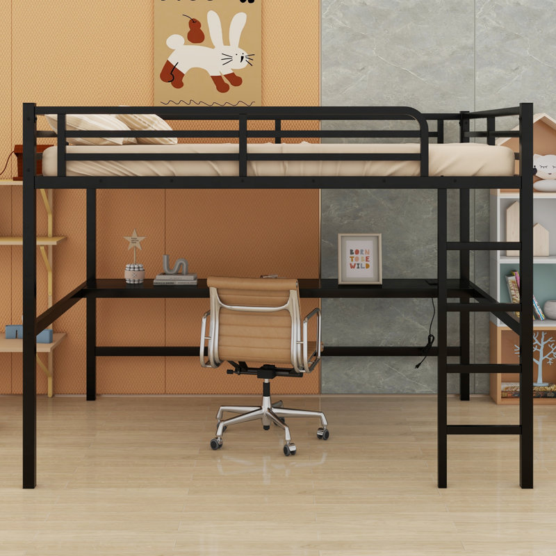 Metal Loft Bed With Power Outlet And LED Lighted, Black