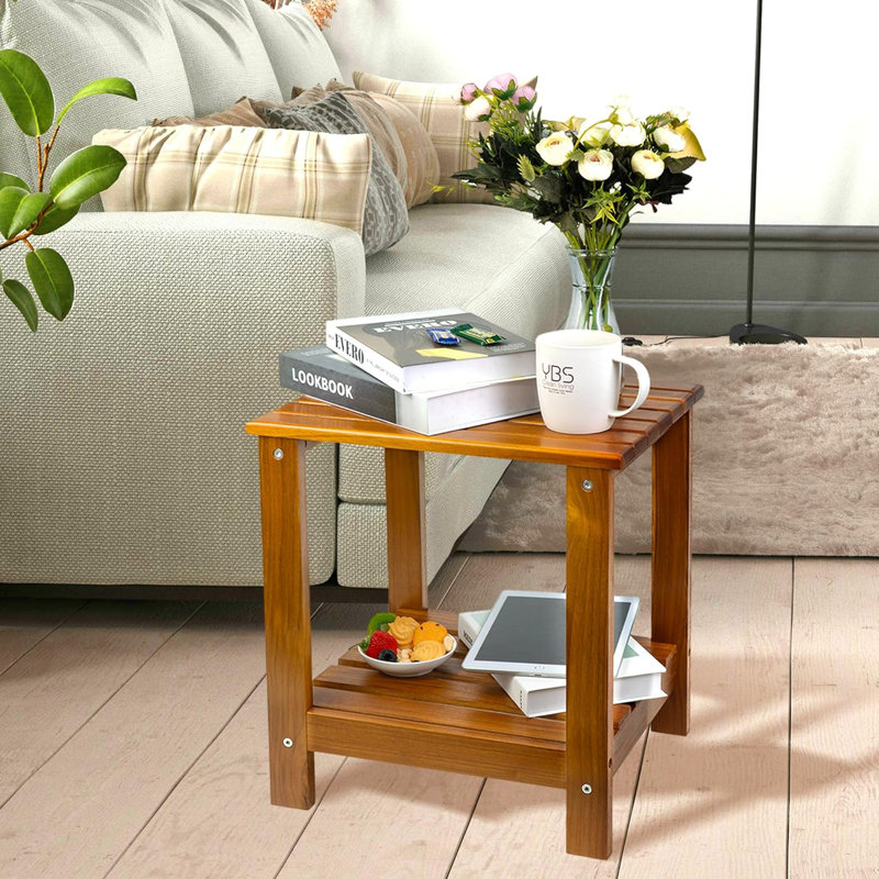Table de bout en bois de teck à 2 niveaux avec tablette de rangement, table d'appoint intérieure et extérieure polyvalente et support de douche à lattes