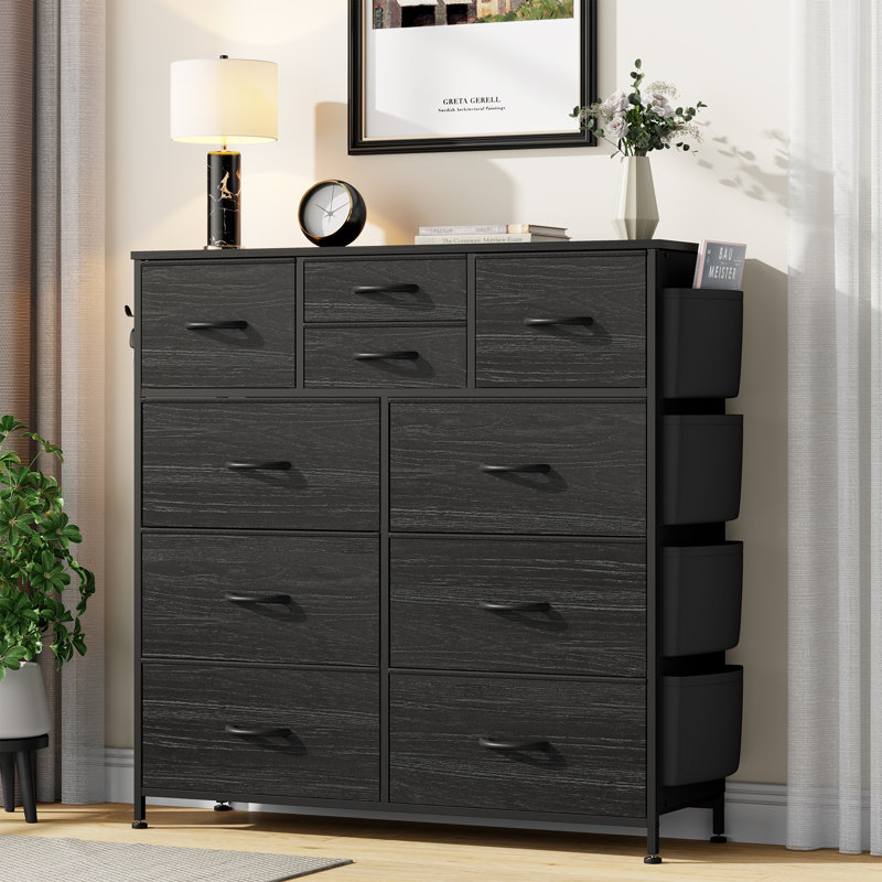 Sienna-Marie 10-Drawer Dresser for Bedroom with Side Pockets & Hooks, Wide Chest of Drawers with Fabric Bins & Metal Frame, Storage Organizer for Closet, Living Room, Dorm, Rustic Wood Top