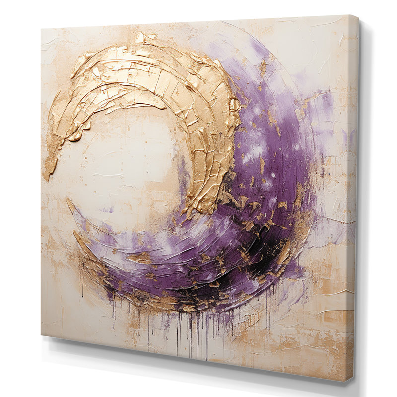 Or et spirale lunaire mauve - peinture abstraite, art mural, Toile tendue, H 16 po x l 16 po x P 1 po
