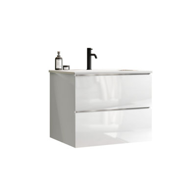Meuble-lavabo mural avec lavabo en céramique et tiroirs à fermeture en douceur, offrant beaucoup de rangement et un design élégant.