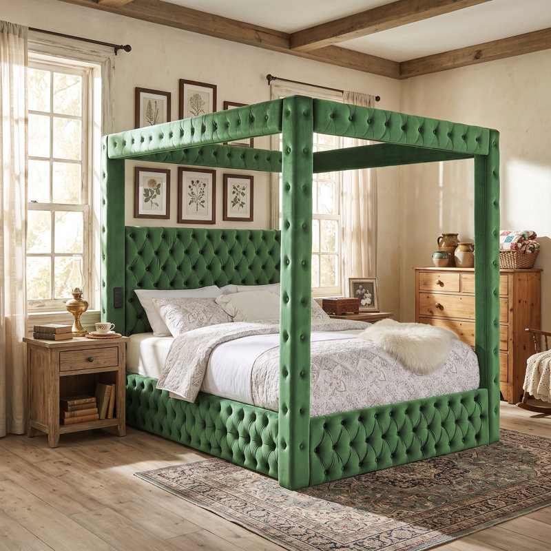 Cadre de lit à baldaquin avec tête de lit en velours et haut-parleurs Bluetooth et ports USB, Vert