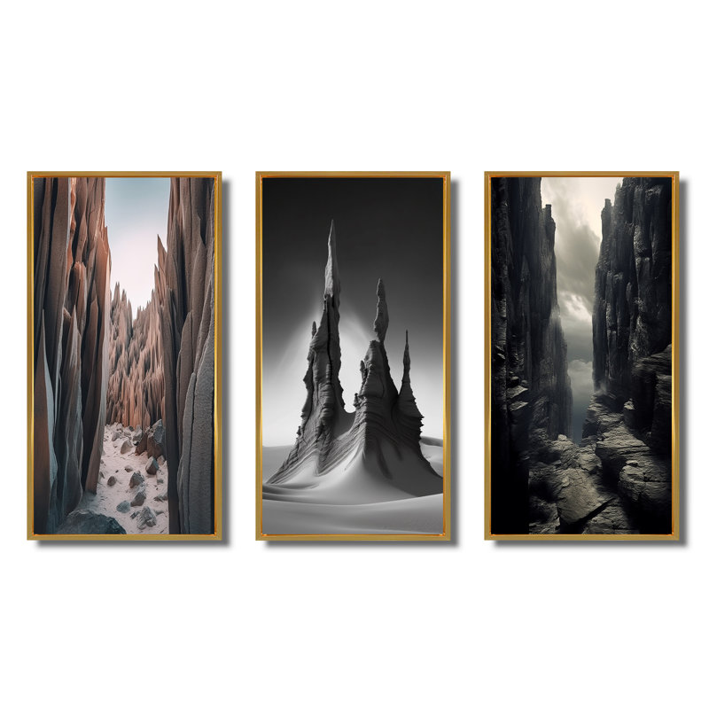 «Vertical Plains Desert Rocks III», 3 pièces sur toile, H 48 po x l 32 po, Encadrement doré