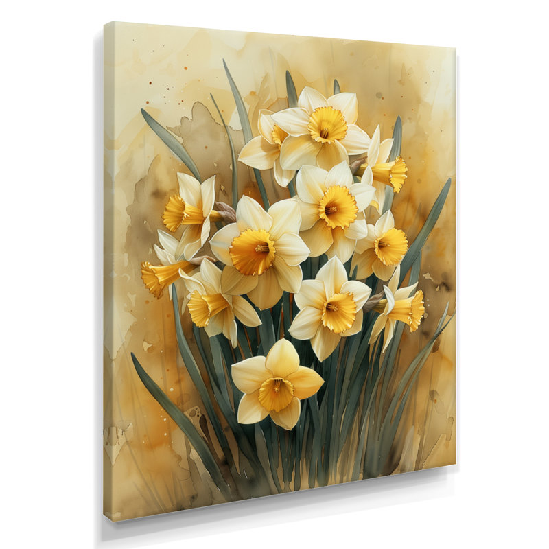 «Yellow Farmhouse Daffodils In Vase II - Daffodils Wall Art Living Room», Toile tendue, H 16 po x l 32 po