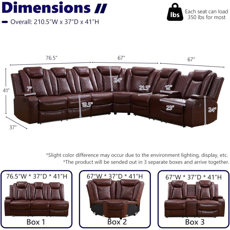 3-Piece Upholstered Power Reclining Living Room Sectional Sofa Set, Burgundy