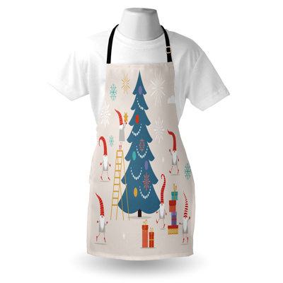 Bungalow Rose Elf Apron Unisex Bearded Men Ornamenting a Tree Adult Size Champagne and Multicolor