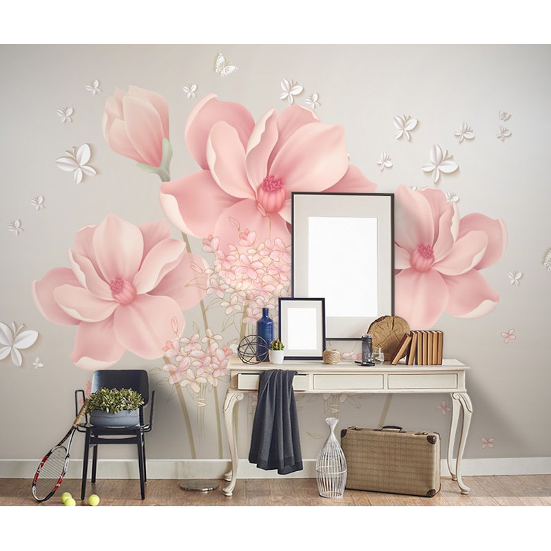 Papier peint texturé rose avec hydrangées roses et petits papillons, l 75 po x L 49 po
