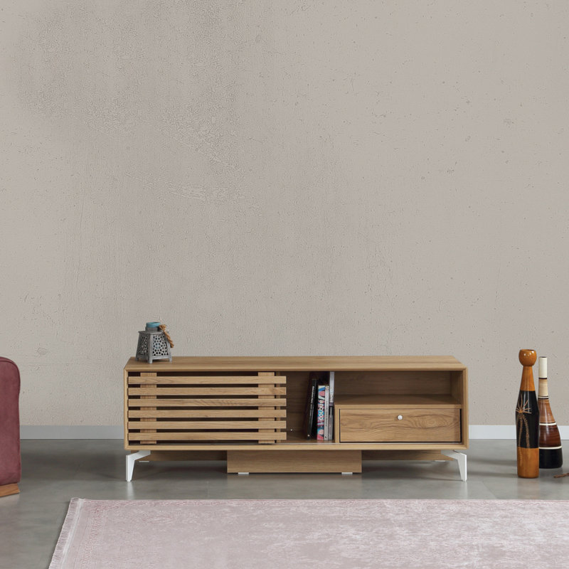 Meuble télé Modern Modern avec pieds en métal 59,1 po x 19,7 po x 16,1 po | 100% panneau de particules enduit de mélamine, épaisseur: 0,7 pouce | 1 tiroir, conception scandinave | Élégant et fonctionnel pour le salon et les espaces de divertissement