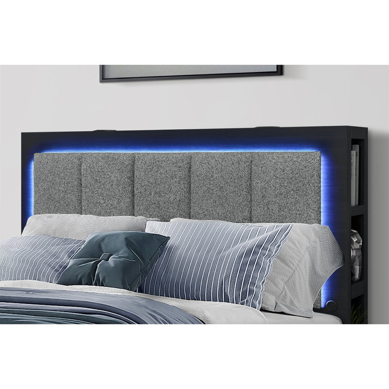 Ensemble de chambre à coucher 5 pièces noir-gris avec tête de lit bibliothèque pour une vie moderne et organisée, Noir / gris