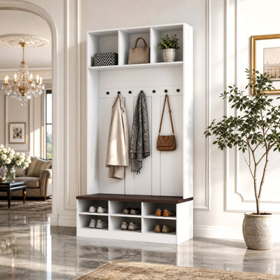 Arbre d'entrée avec 3 tablettes ouvertes, 8 crochets, banc et étagère à 6 chaussures | Rangement complet pour le vestibule