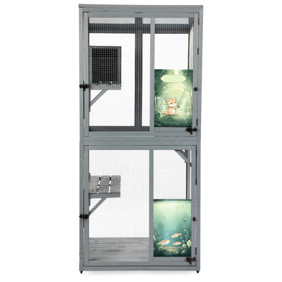 70-inch Wheeled Cat Enclosure With Roomy Activity Platforms, Private Box, Lockable Doors And Sunshine Roof Gray Outdoor Window Wheels, 3 Comfortable -