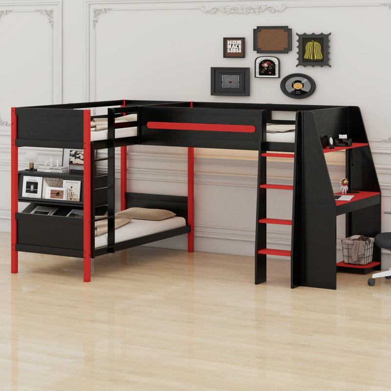 Lit superposé en L avec lit mezzanine, bureau intégré, tablettes et DEL