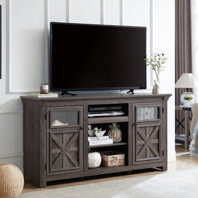 Grey Media Console, Open And Closed Storage Options, 60.27"W X 15.22"D 31.7"H For 65'' Television Modern Entertainment Cabinet, Grey, 31.7"H, Supports 65" Tv, Streamlined Cable Handling