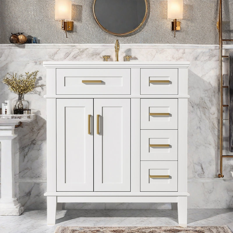 30" Bathroom Vanity With Ceramic Top, Cabinet And Drawers, White