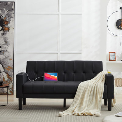 62" W Black Faux Leather Loveseat With USB Charger Ports & 2 Cupholders