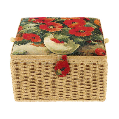 Grand organisateur de panier de couture avec poignée, boîte de rangement en tissu jacquard floral avec plateau et coussin pour les accessoires de couture