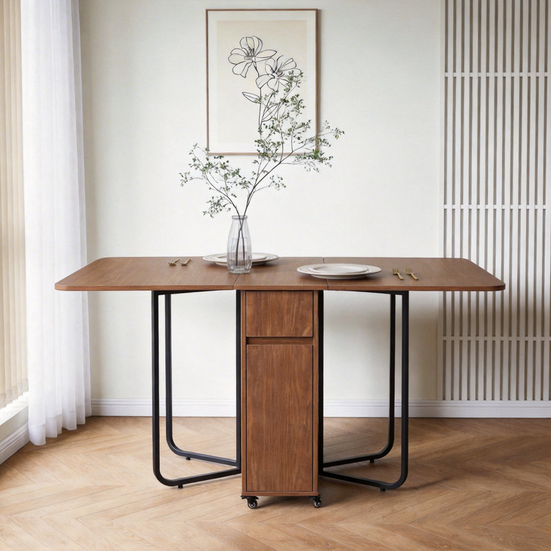 150cm Walnut Folding Dining Table with Casters, Wood Top and 2 Drawers, Frame