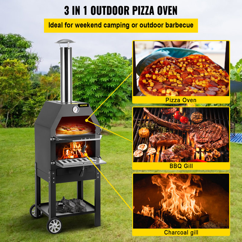 Black Steel 2-Layer Outdoor Gas Pizza Oven with Wheels
