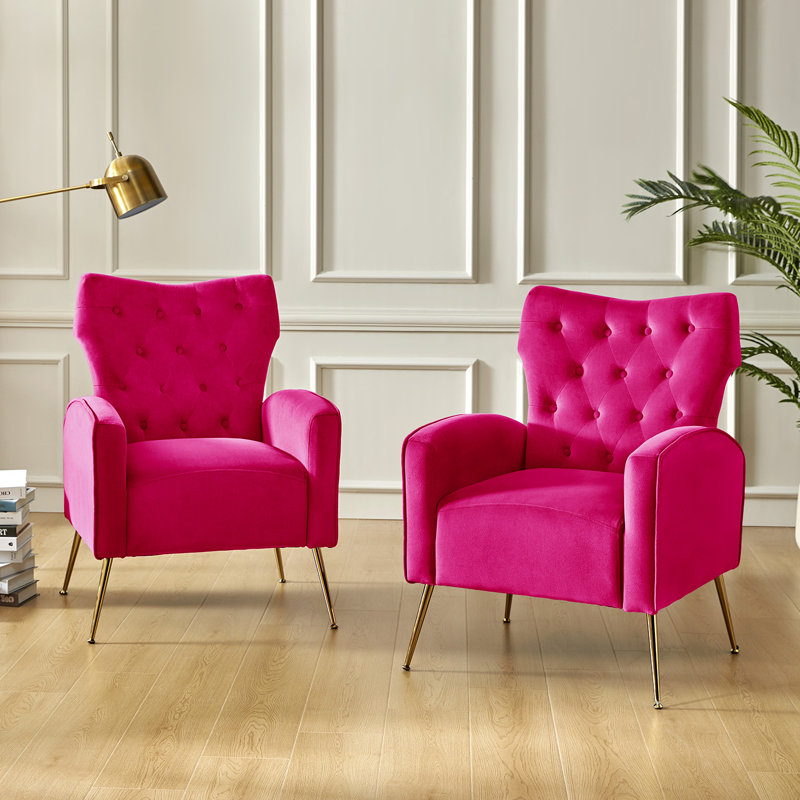 Fauteuil à oreilles en velours de polyester Tonas, Velours fushia