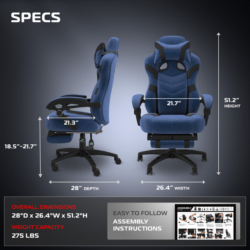 Chaise de jeu RESPAWN 110 Pro - Chaise de jeu avec repose-pieds, chaise de jeu inclinable, chaise de bureau d'ordinateur de jeu vidéo, chaise de bureau réglable, chaises de jeu pour adultes avec coussin en appui-tête