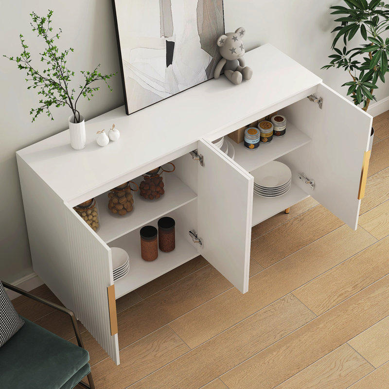Fluted Buffet Accent Cabinet With Adjustable Shelves, White