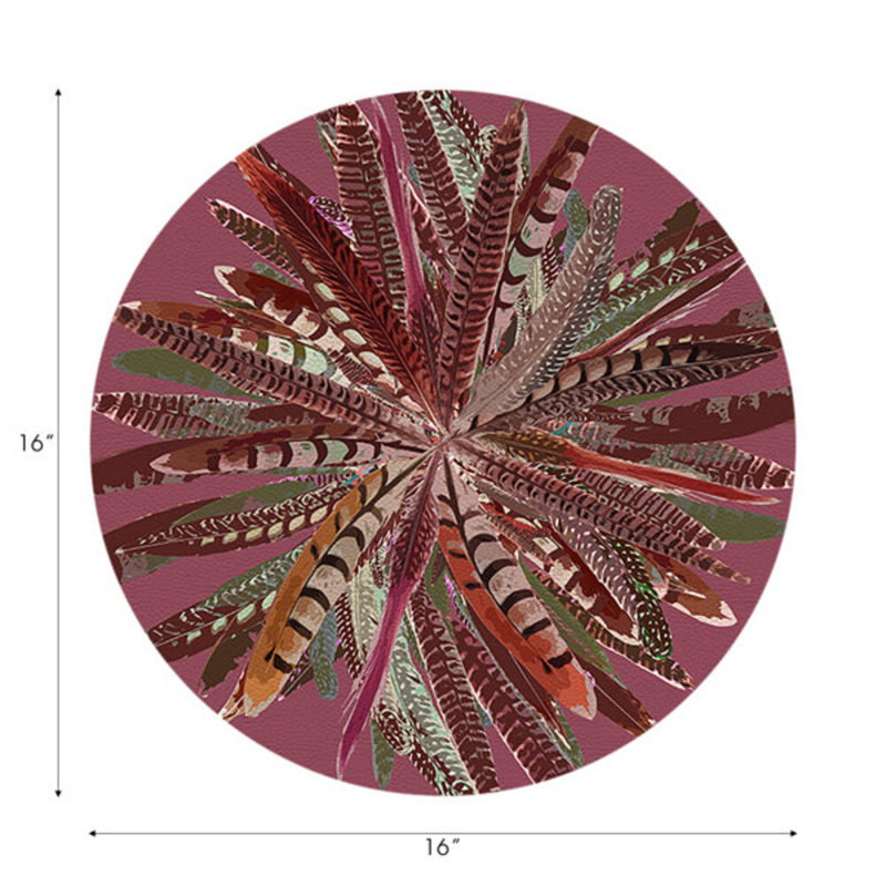 Pheasant Feathers Vegan Leather Round Pebble Placemat, Mauve