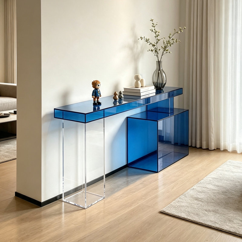 Console moderne en acrylique transparent bleu, H 29,53 po x l 55,12 po x P 11,81 po