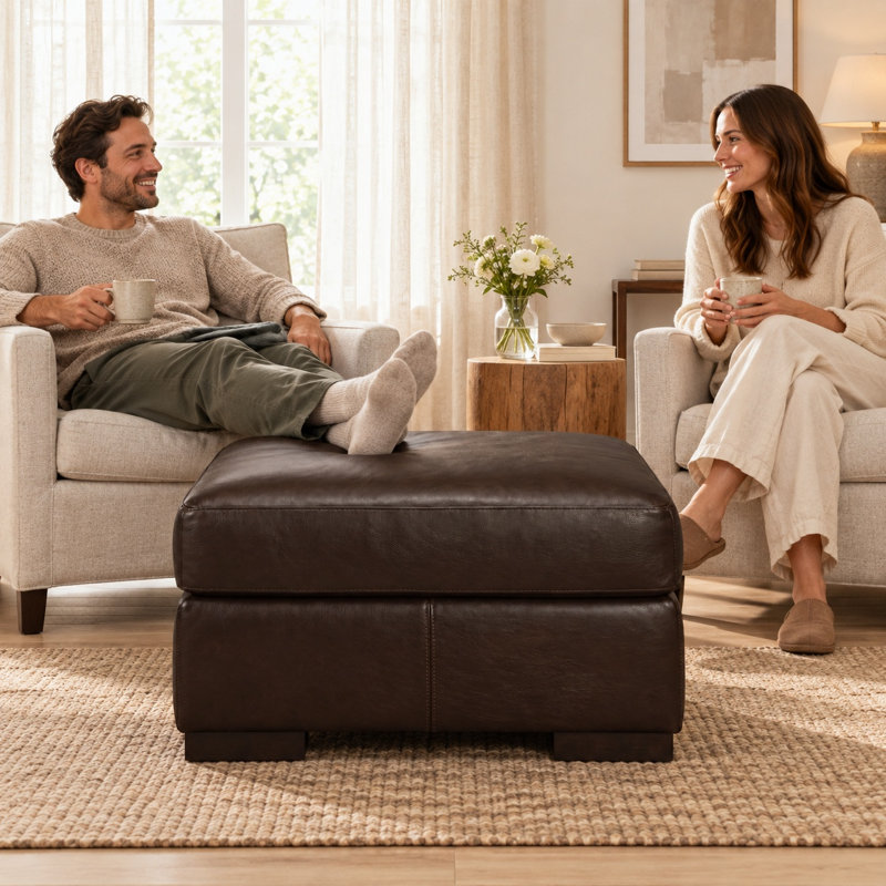 Madison Heirloom Quality Ottoman in Buttery Soft 100% Top Grain Leather, Made to Order, Boca Cashmere