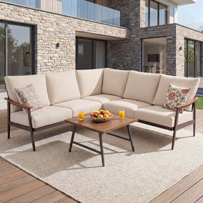 Ensemble modulaire en osier en forme de L - Coussins en oléfine de 6 po, accoudoirs en bois et plateau de table, dossier haut