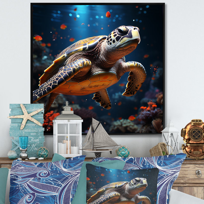 Cosmic Art Style Doting A Turtle - Tortue, décoration murale animal, Cadre flottant noir, H 24 po x l 24 po x P 1 po