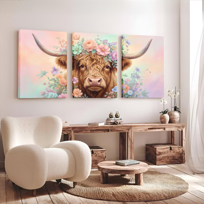 Ensemble de 3 tableaux sur toile représentant un taureau et des fleurs, pour la décoration du salon, de la chambre ou de la maison.
