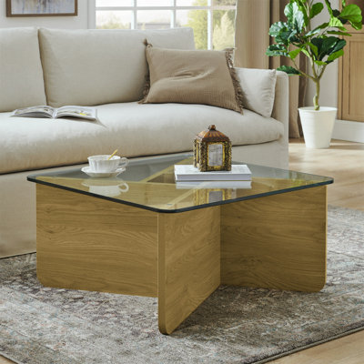 Table basse en verre 31,5 pouces, table basse carrée moderne de style Mid-Century, table basse de salon en bois, table basse carrée avec plateau en verre trempé