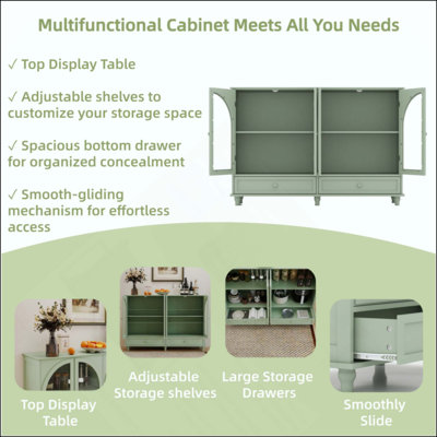 Buffet en verre arqué, 2 tiroirs et 4 portes en verre, armoire de présentation avec tablettes réglables, armoire de cuisine moderne pour le vestibule du salon
