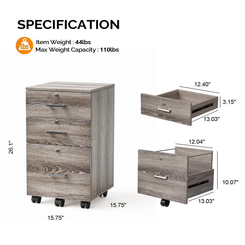 Marfriede 15.75'' Wide 3 -Drawer Mobile File Cabinet, Gray