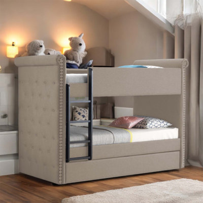 Lit superposé en tissu avec couchette Romana II, entièrement rembourré et élégant pour un sommeil confortable et peu encombrant