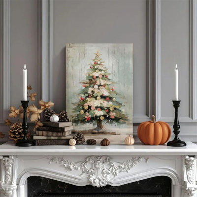 Ensemble de 1 peinture encadrée d'un arbre de Noël avec des décorations rouges et dorées, Bernhardina, dans un style impressionniste de peinture à l'huile. Affiche décorative imprimée pour la décoration intérieure, un cadeau parfait d'œuvres d'art modernes convenant aux chambres et au salon