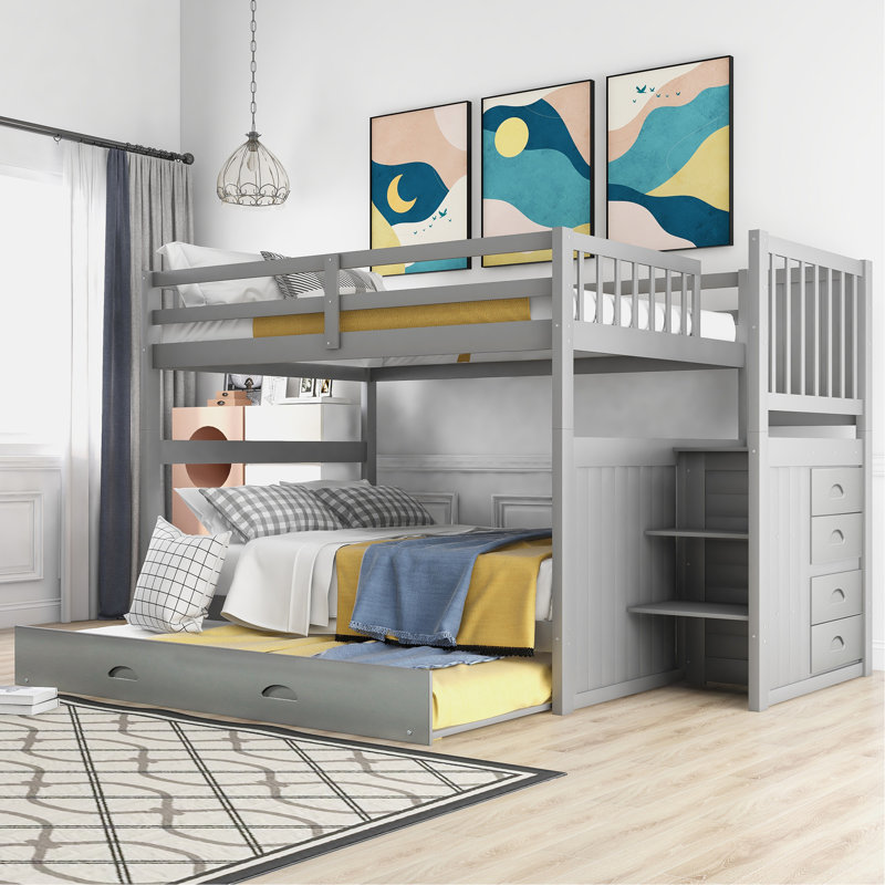 Lit superposé double au-dessus de double avec lit gigogne simple, gris