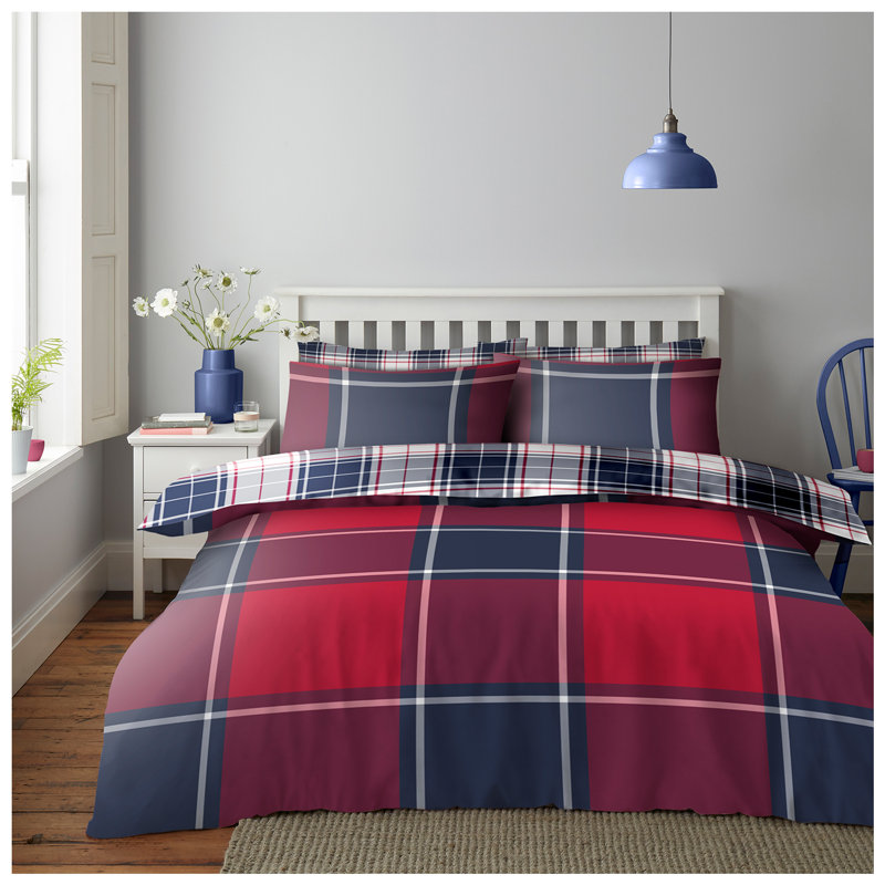 Check Pattern Polycotton Duvet Cover Set with Pillowcases - Lightweight Bedding in Single Double King, Red, Double