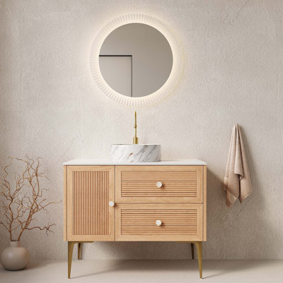 Meuble-lavabo de salle de bain avec lavabo, armoire de rangement autoportante en contreplaqué avec 4 pieds en métal, porte et tiroirs, lavabo en céramique blanche avec motif en pierre, sans robinet, pré-assemblé