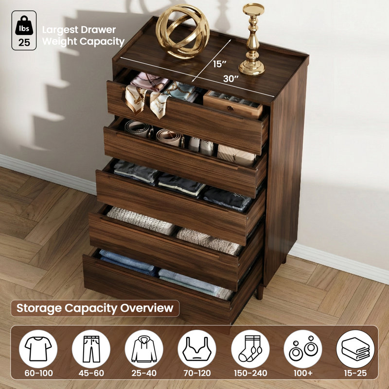 Modern Vertical Dresser, 5-Drawer Wood Storage Cabinet