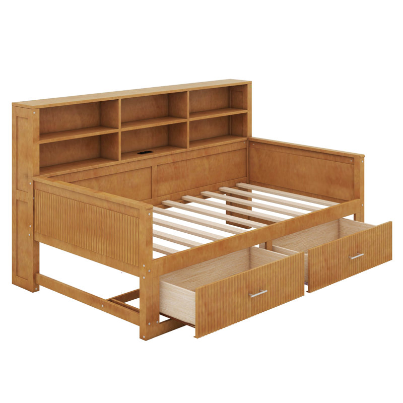 Lit de jour en bois avec étagères de rangement et 2 tiroirs, 6 tablettes de chevet, design à panneaux cannelés, Lit simple