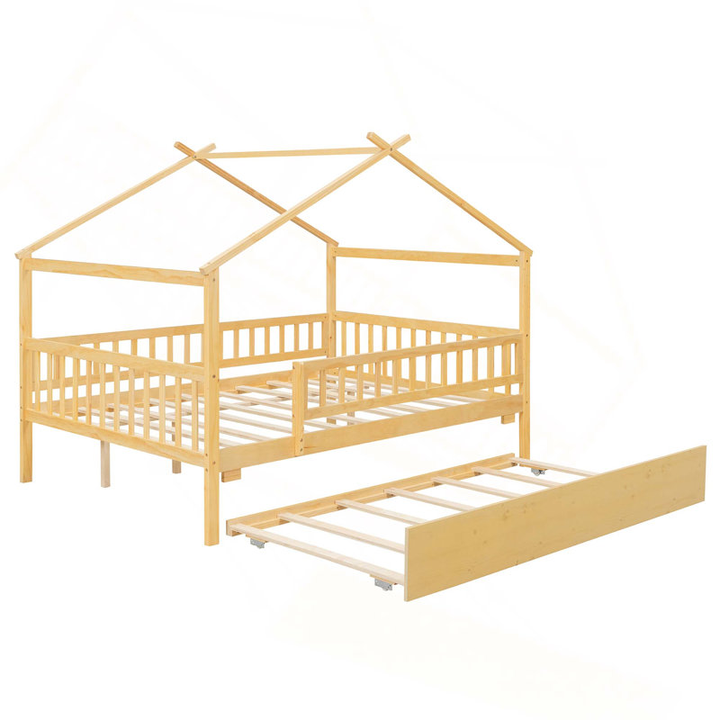 Lit de maison en bois avec lit gigogne simple, Lit double, Naturel