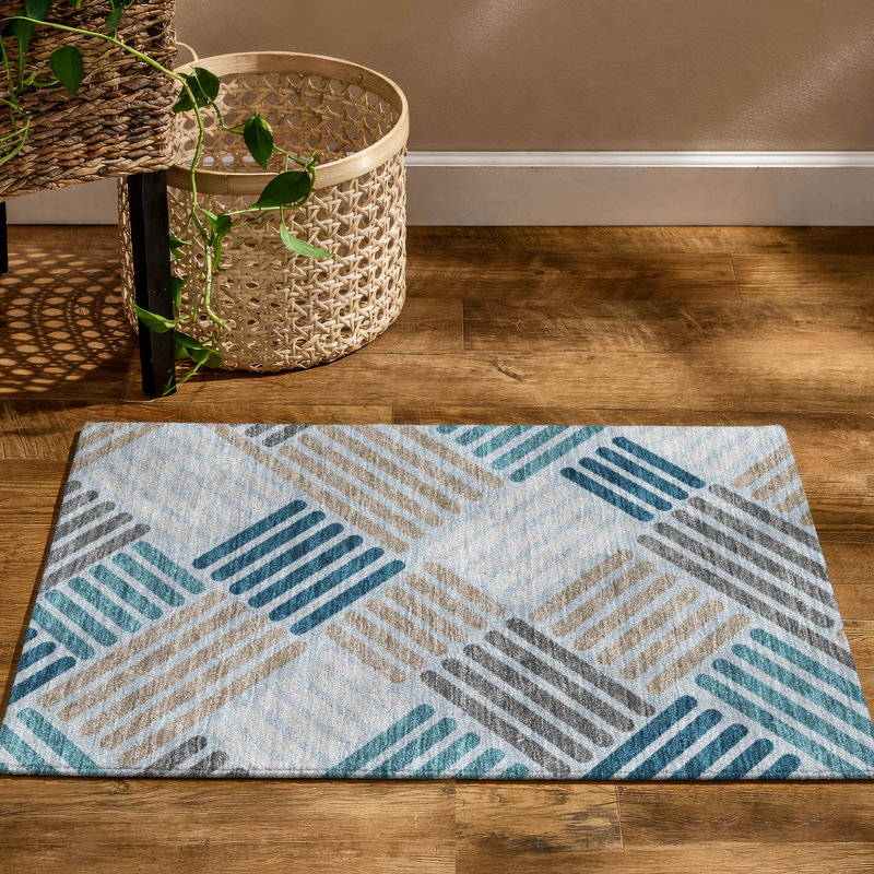 Premium Machine Washable Mayfield AMF2339 Geometric Rug, Teal, 2'6" x 3'10"